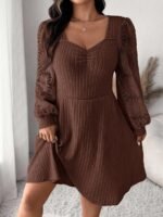 Elorivane Plus Size Sweetheart Neck Dress, Ruched Ribbed Long Sleeve Casual Dress, Fall Wear - Image 15