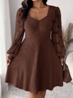 Elorivane Plus Size Sweetheart Neck Dress, Ruched Ribbed Long Sleeve Casual Dress, Fall Wear - Image 10