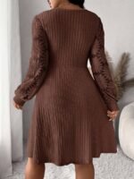 Elorivane Plus Size Sweetheart Neck Dress, Ruched Ribbed Long Sleeve Casual Dress, Fall Wear - Image 11