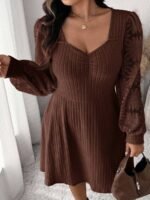 Elorivane Plus Size Sweetheart Neck Dress, Ruched Ribbed Long Sleeve Casual Dress, Fall Wear - Image 12