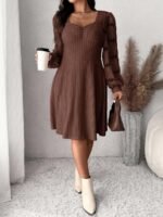 Elorivane Plus Size Sweetheart Neck Dress, Ruched Ribbed Long Sleeve Casual Dress, Fall Wear - Image 13