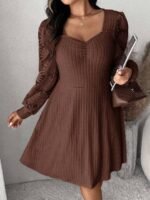 Elorivane Plus Size Sweetheart Neck Dress, Ruched Ribbed Long Sleeve Casual Dress, Fall Wear - Image 14