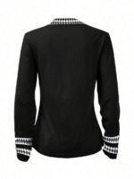 Elorivane Plus Size Black Geometric Top, V-Neck Long Sleeve Soft Tee, Autumn Office Casual Shirt - Image 2