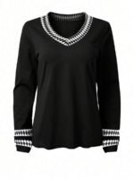 Elorivane Plus Size Black Geometric Top, V-Neck Long Sleeve Soft Tee, Autumn Office Casual Shirt - Image 3