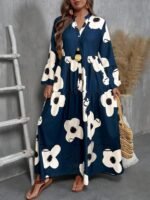 Elorivane Plus Size Women V-Neck Floral Print Loose Long Dress, Fall Casual