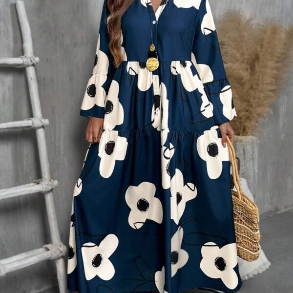 Elorivane Plus Size Women V-Neck Floral Print Loose Long Dress, Fall Casual