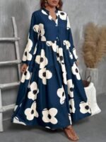 Elorivane Plus Size Women V-Neck Floral Print Loose Long Dress, Fall Casual - Image 4