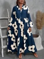 Elorivane Plus Size Women V-Neck Floral Print Loose Long Dress, Fall Casual - Image 5