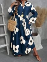 Elorivane Plus Size Women V-Neck Floral Print Loose Long Dress, Fall Casual - Image 8