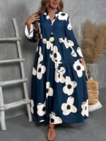 Elorivane Plus Size Women V-Neck Floral Print Loose Long Dress, Fall Casual - Image 6