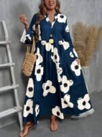 Elorivane Plus Size Women V-Neck Floral Print Loose Long Dress, Fall Casual - Image 7