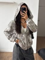 Elorivane Women Beige Camo Zip Up Sweatshirt, Baggy Thermal Lined Knit Couple Streetwear Top - Image 5