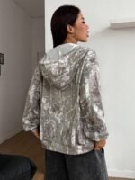 Elorivane Women Beige Camo Zip Up Sweatshirt, Baggy Thermal Lined Knit Couple Streetwear Top - Image 2