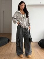 Elorivane Women Beige Camo Zip Up Sweatshirt, Baggy Thermal Lined Knit Couple Streetwear Top - Image 3
