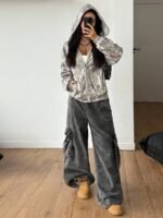 Elorivane Women Beige Camo Zip Up Sweatshirt, Baggy Thermal Lined Knit Couple Streetwear Top - Image 4