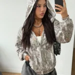Elorivane Women Beige Camo Zip Up Sweatshirt, Baggy Thermal Lined Knit Couple Streetwear Top