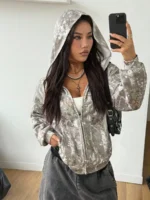 Elorivane Women Beige Camo Zip Up Sweatshirt, Baggy Thermal Lined Knit Couple Streetwear Top