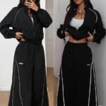 Elorivane Women White 2-Piece Outfit, Reflective Lapel Coat & Parachute Cargo Pants, Streetwear Athleisure Set