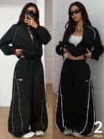 Elorivane Women White 2-Piece Outfit, Reflective Lapel Coat & Parachute Cargo Pants, Streetwear Athleisure Set