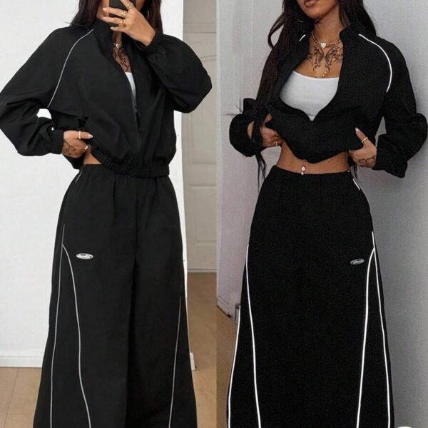 Elorivane Women White 2-Piece Outfit, Reflective Lapel Coat & Parachute Cargo Pants, Streetwear Athleisure Set