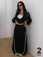 Elorivane Women White 2-Piece Outfit, Reflective Lapel Coat & Parachute Cargo Pants, Streetwear Athleisure Set - Image 2