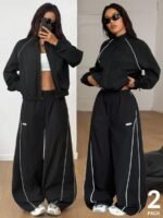 Elorivane Women White 2-Piece Outfit, Reflective Lapel Coat & Parachute Cargo Pants, Streetwear Athleisure Set - Image 3