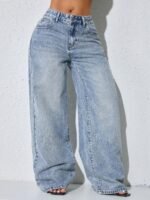 Elorivane Women's Low Waist Wide Leg Blue Jeans, Distressed Curved Hem Denim - Image 5