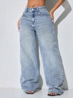 Elorivane Women's Low Waist Wide Leg Blue Jeans, Distressed Curved Hem Denim - Image 4