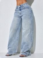 Elorivane Women's Low Waist Wide Leg Blue Jeans, Distressed Curved Hem Denim - Image 3