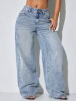 Elorivane Women's Low Waist Wide Leg Blue Jeans, Distressed Curved Hem Denim - Image 6