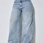 Elorivane Women's Low Waist Wide Leg Blue Jeans, Distressed Curved Hem Denim