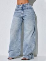 Elorivane Women's Low Waist Wide Leg Blue Jeans, Distressed Curved Hem Denim