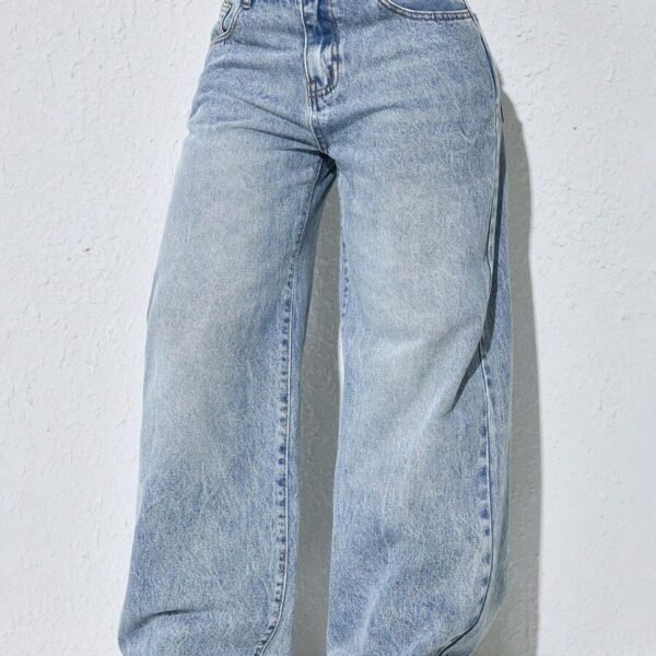 Elorivane Women's Low Waist Wide Leg Blue Jeans, Distressed Curved Hem Denim