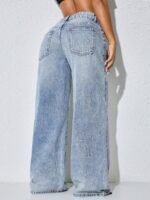 Elorivane Women's Low Waist Wide Leg Blue Jeans, Distressed Curved Hem Denim - Image 2
