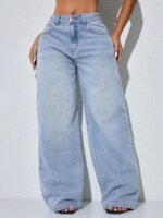 Elorivane Women's Blue Distressed Wide Leg Jeans, Low Waist, Slant Pocket Curved Hem, Casual Spring Fall Pants - Image 3