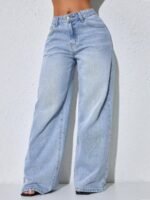 Elorivane Women's Blue Distressed Wide Leg Jeans, Low Waist, Slant Pocket Curved Hem, Casual Spring Fall Pants - Image 7