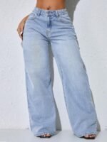 Elorivane Women's Blue Distressed Wide Leg Jeans, Low Waist, Slant Pocket Curved Hem, Casual Spring Fall Pants - Image 4