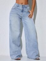 Elorivane Women's Blue Distressed Wide Leg Jeans, Low Waist, Slant Pocket Curved Hem, Casual Spring Fall Pants - Image 5