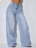 Elorivane Women's Blue Distressed Wide Leg Jeans, Low Waist, Slant Pocket Curved Hem, Casual Spring Fall Pants - Image 6