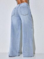 Elorivane Women's Blue Distressed Wide Leg Jeans, Low Waist, Slant Pocket Curved Hem, Casual Spring Fall Pants - Image 2