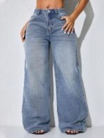 Elorivane Women's Low-Waist Wide Leg Blue Jeans, Curved Hem Casual Fall Denim - Image 4