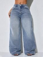 Elorivane Women's Low-Waist Wide Leg Blue Jeans, Curved Hem Casual Fall Denim - Image 3