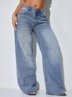 Elorivane Women's Low-Waist Wide Leg Blue Jeans, Curved Hem Casual Fall Denim - Image 6
