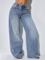 Elorivane Women's Low-Waist Wide Leg Blue Jeans, Curved Hem Casual Fall Denim - Image 5