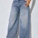 Elorivane Women's Low-Waist Wide Leg Blue Jeans, Curved Hem Casual Fall Denim