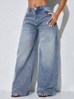Elorivane Women's Low-Waist Wide Leg Blue Jeans, Curved Hem Casual Fall Denim