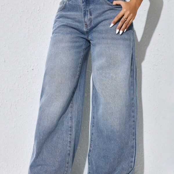 Elorivane Women's Low-Waist Wide Leg Blue Jeans, Curved Hem Casual Fall Denim