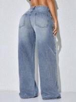 Elorivane Women's Low-Waist Wide Leg Blue Jeans, Curved Hem Casual Fall Denim - Image 2