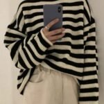 Elorivane Women's Casual Streetwear High Neck Striped Loose Knit Pullover Sweater Fall