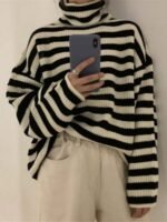 Elorivane Women's Casual Streetwear High Neck Striped Loose Knit Pullover Sweater Fall